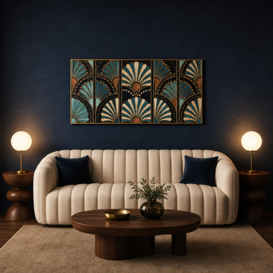 Teal fan pattern above a cream channel sofa on a navy wall with globe lamps