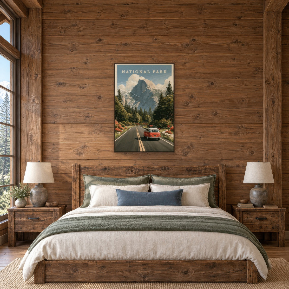 Half Dome Vintage Travel Poster national park wall art in a bedroom